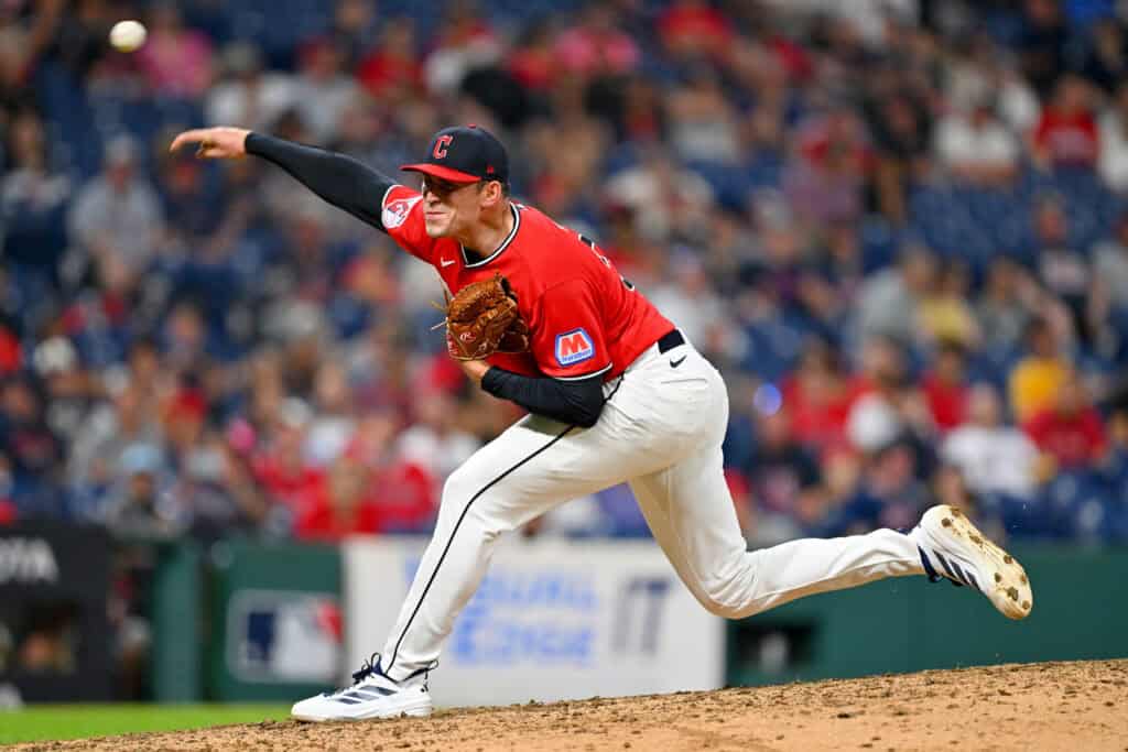 CLEVELAND, OHIO - JULY 21: Closing pitcher Cade Smith #36 of the Cleveland Guardians pitches during the ninth inning against the Minnesota Twins at Progressive Field on July 21, 2026 in Cleveland, Ohio.