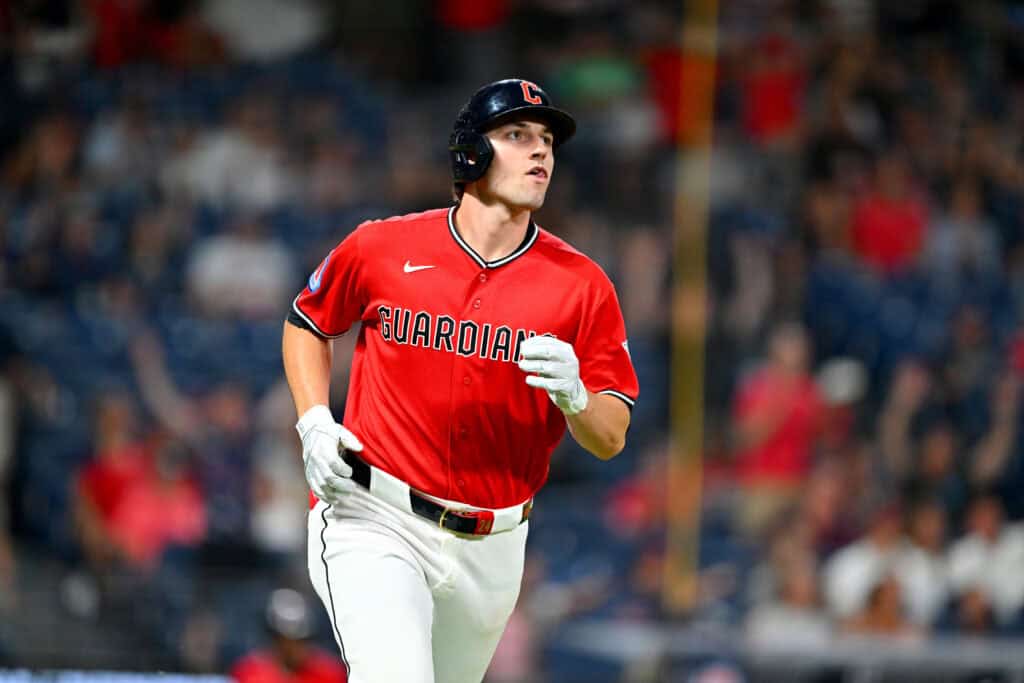CLEVELAND, OHIO - AUGUST 01: Chase DeLauter #24 of the Cleveland Guardians rounds the bases on a solo homer during the eighth inning against the Arizona Diamondbacks at Progressive Field on August 01, 2026 in Cleveland, Ohio.