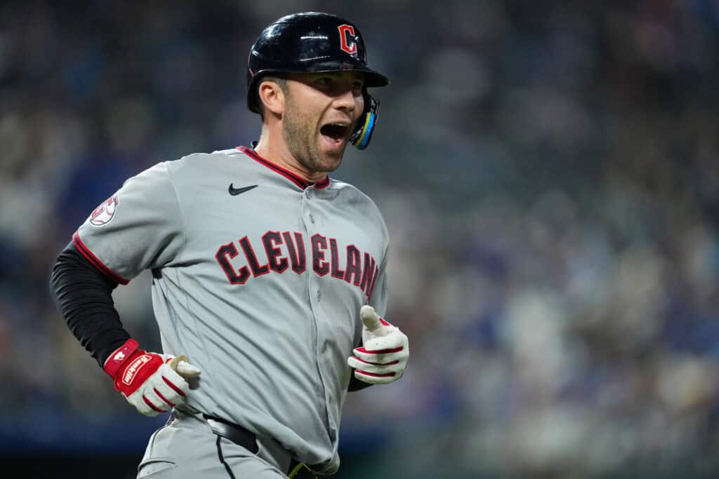 KANSAS CITY, MISSOURI - SEPTEMBER 25: David Fry #6 of the Cleveland Guardians reacts after hitting a home run during the fifth inning against the Kansas City Royals at Kauffman Stadium on September 25, 2026 in Kansas City, Missouri.