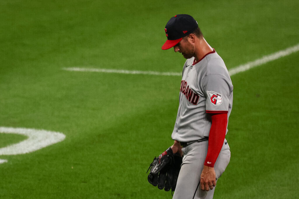 BALTIMORE, MD - SEPTEMBER 09: Foster Griffin #22 of the Cleveland Guardians walks to the dugout after being pulled from the game during the third inning against the Baltimore Orioles at Oriole Park at Camden Yards on September 9, 2026 in Baltimore, Maryland.