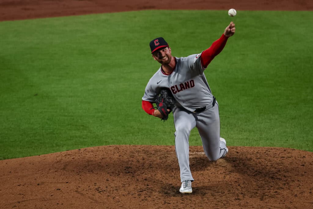 BALTIMORE, MD - SEPTEMBER 09: Foster Griffin #22 of the Cleveland Guardians pitches against the Baltimore Orioles during the third inning at Oriole Park at Camden Yards on September 9, 2026 in Baltimore, Maryland.