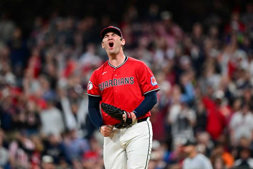 CLEVELAND, OHIO - SEPTEMBER 14: Gavin Williams #32 of the Cleveland Guardians celebrates a strikeout with the bases loaded to end the top of the fourth inning against the Chicago White Sox at Progressive Field on September 14, 2026 in Cleveland, Ohio.