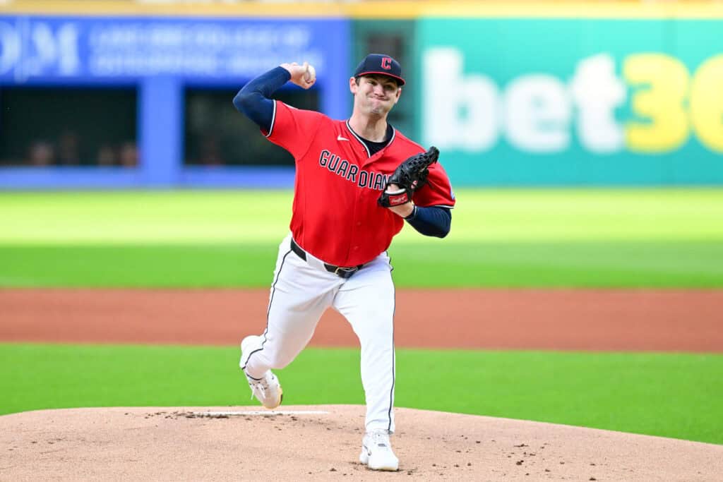 CLEVELAND, OHIO - SEPTEMBER 14: Gavin Williams #32 of the Cleveland Guardians throws a pitch during the first inning against the Chicago White Sox at Progressive Field on September 14, 2026 in Cleveland, Ohio.