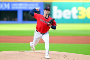 CLEVELAND, OHIO - SEPTEMBER 14: Gavin Williams #32 of the Cleveland Guardians throws a pitch during the first inning against the Chicago White Sox at Progressive Field on September 14, 2026 in Cleveland, Ohio.