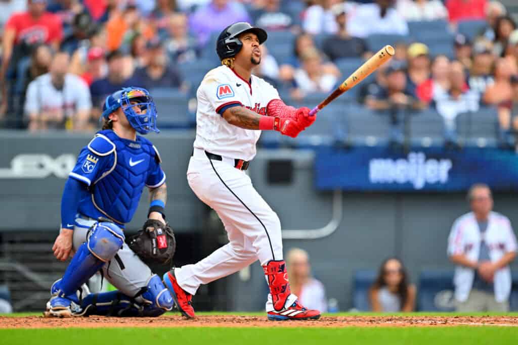 CLEVELAND, OHIO - AUGUST 30: José Ramírez #11 of the Cleveland Guardians hits a two-run homer during the fourth inning against the Kansas City Royals at Progressive Field on August 30, 2026 in Cleveland, Ohio.