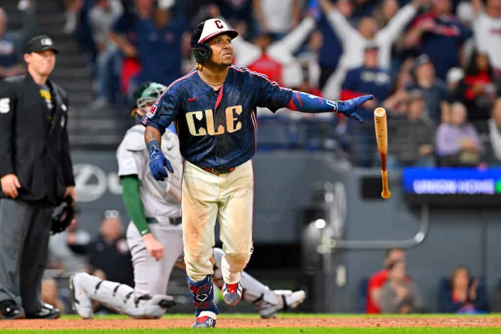 CLEVELAND, OHIO - SEPTEMBER 18: José RamÃrez #11 of the Cleveland Guardians watches a solo home run clear the right-field fence during the sixth inning against the Athletics for his 1,000th career RBI at Progressive Field on September 18, 2026