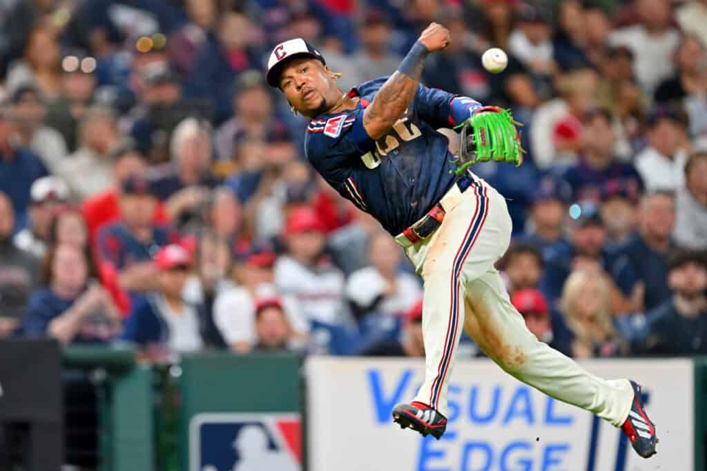 CLEVELAND, OHIO - SEPTEMBER 18: Third baseman José RamÃrez #11 of the Cleveland Guardians throws out Michael Stefanic #17 of the Athletics at first during the fifth inning at Progressive Field on September 18, 2026 in Cleveland, Ohio.