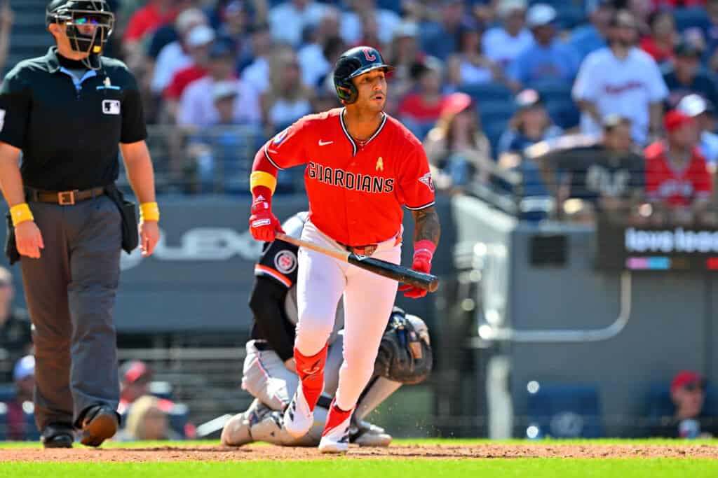 CLEVELAND, OHIO - SEPTEMBER 06: Brayan Rocchio #4 of the Cleveland Guardians hits a solo homer during the fifth inning against the Detroit Tigers at Progressive Field on September 06, 2026 in Cleveland, Ohio.
