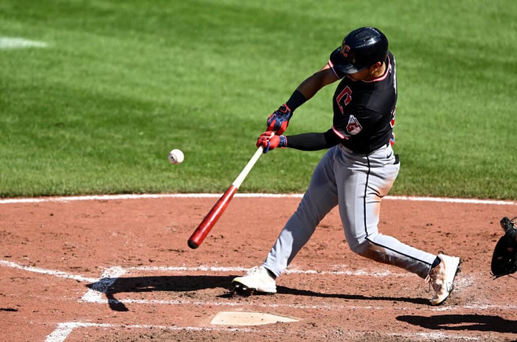 BALTIMORE, MARYLAND - SEPTEMBER 07: Steven Kwan #38 of the Cleveland Guardians hits a single in the sixth inning against the Baltimore Orioles at Oriole Park at Camden Yards on September 07, 2026 in Baltimore, Maryland.