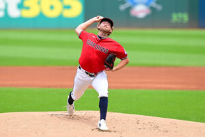 CLEVELAND, OHIO - SEPTEMBER 03: Tanner Bibee #28 of the Cleveland Guardians throws a pitch during the first inning against the Toronto Blue Jays at Progressive Field on September 03, 2026 in Cleveland, Ohio.