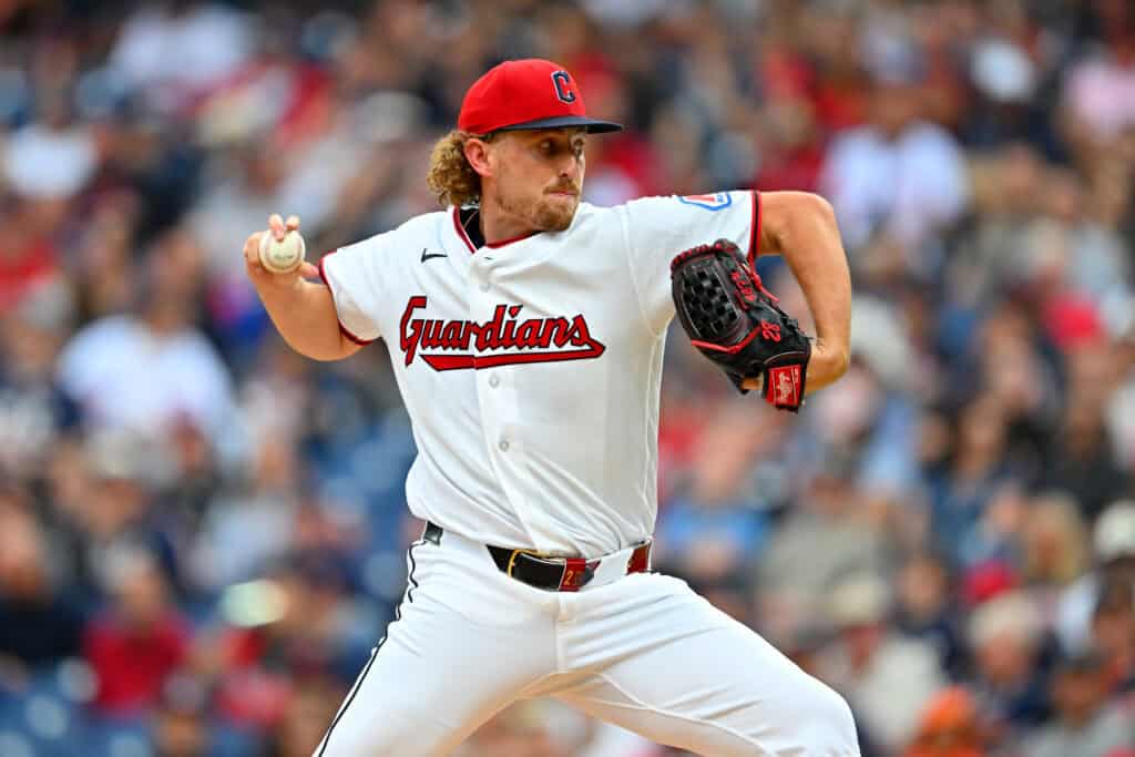 CLEVELAND, OHIO - SEPTEMBER 19: Starting pitcher Tanner Bibee #28 of the Cleveland Guardians pitches during the first inning against the Athletics at Progressive Field on September 19, 2026 in Cleveland, Ohio.