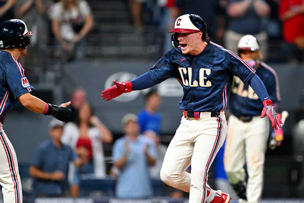 CLEVELAND, OHIO - SEPTEMBER 04: Steven Kwan #38 celebrates with Travis Bazzana #37 of the Cleveland Guardians after Bazzana hit a two-run homer during the eighth inning of the second game of a doubleheader against the Detroit Tigers at Progressive Field on September 04, 2026, in Cleveland, Ohio.