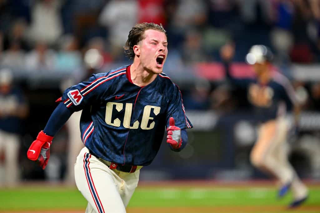 CLEVELAND, OHIO - SEPTEMBER 04: Travis Bazzana #37 of the Cleveland Guardians celebrates after hitting a walk-off single during the tenth inning of the second game of a doubleheader against the Detroit Tigers at Progressive Field on September 04, 2026, in Cleveland, Ohio. The Guardians defeated the Tigers 4-3 in 10 innings.