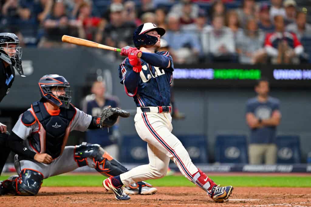 CLEVELAND, OHIO - SEPTEMBER 04: Travis Bazzana #37 of the Cleveland Guardians hits a two-run homer during the eighth inning of the second game of a doubleheader against the Detroit Tigers at Progressive Field on September 04, 2026, in Cleveland, Ohio.
