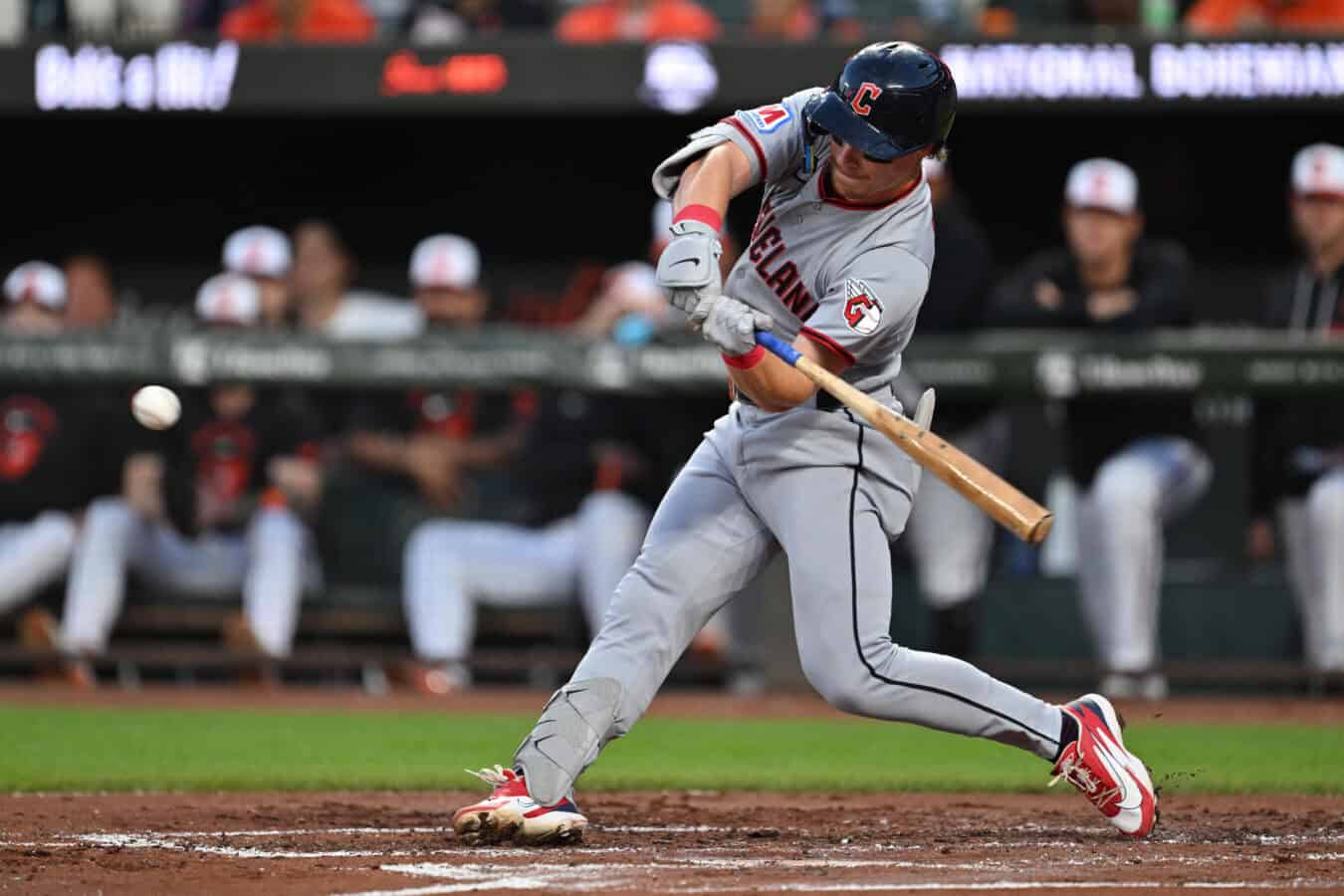 BALTIMORE, MD - SEPTEMBER 08: Travis Bazzana #37 of the Cleveland Guardians hits a three-run home run in the second inning against the Baltimore Orioles at Oriole Park at Camden Yards on September 08, 2026 in Baltimore, Maryland.