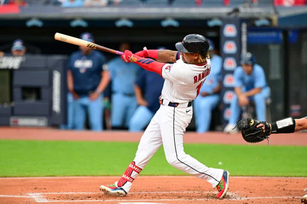 CLEVELAND, OHIO - SEPTEMBER 01: José Ramírez #11 of the Cleveland Guardians hits a single during the first inning against the Toronto Blue Jays at Progressive Field on September 01, 2026 in Cleveland, Ohio.