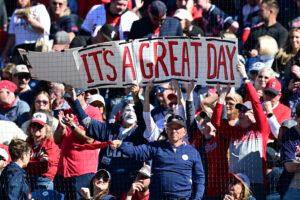 CLEVELAND, OHIO - OCTOBER 03: Fans of the Cleveland Guardians hold up a sign during the fifth inning against the Chicago White Sox in game one of the American League Division Series at Progressive Field on October 03, 2026 in Cleveland, Ohio.