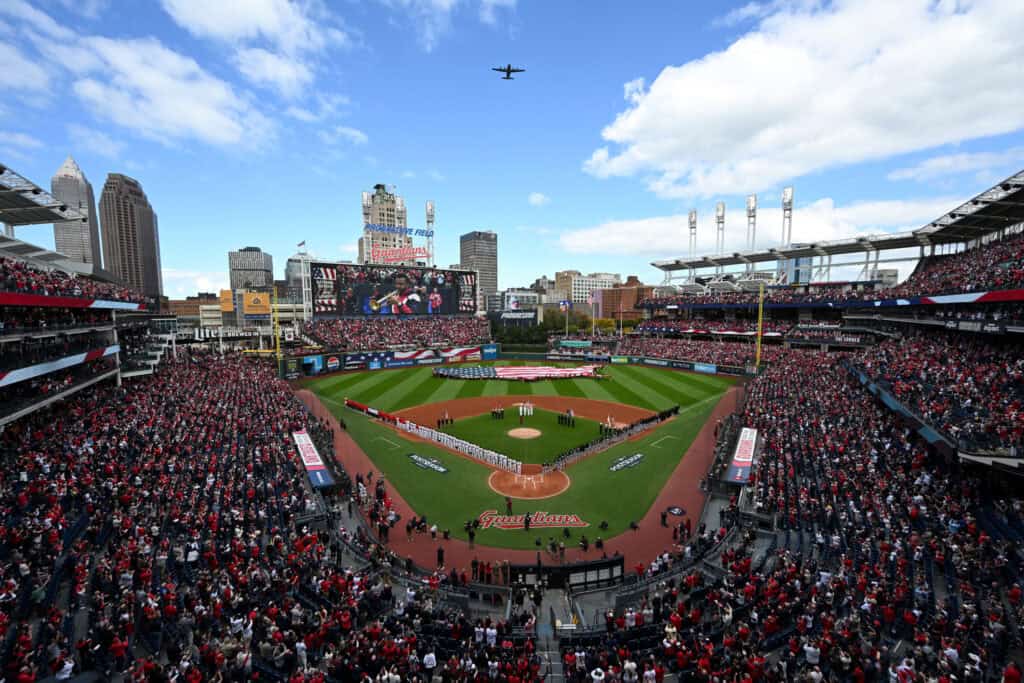 CLEVELAND, OHIO - OCTOBER 03: A general view during a flyover from the U.S. Air Force Reserve's 910th Airlift Wing before game one of the American League Division Series between the Cleveland Guardians and the Chicago White Sox at Progressive Field on October 03, 2026 in Cleveland, Ohio.