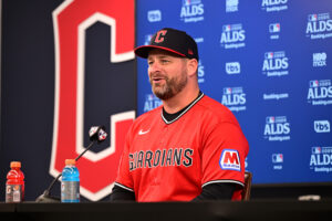 CLEVELAND, OHIO - OCTOBER 05: Manager Stephen Vogt of the Cleveland Guardians speaks to the media following game two of the American League Division Series against the Chicago White Sox at Progressive Field on October 05, 2026 in Cleveland, Ohio.