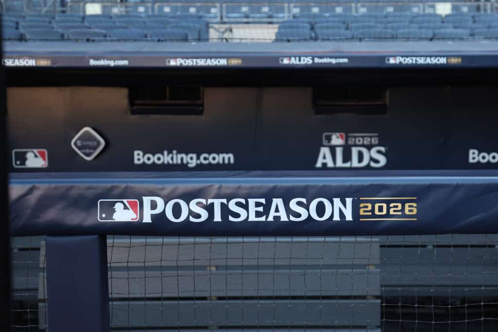 NEW YORK, NEW YORK - OCTOBER 07: Postseason signage is seen on a dugout before game three of the American League Division Series between the New York Yankees and the Tampa Bay Rays at Yankee Stadium on October 07, 2026 in the Bronx borough of New York City.