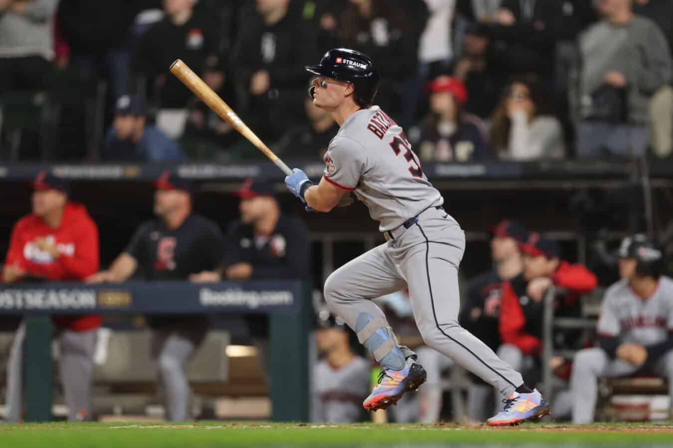 CHICAGO, ILLINOIS - OCTOBER 08: Travis Bazzana #37 of the Cleveland Guardians hits an RBI double during the sixth inning against the Chicago White Sox in game four of the American League Division Series at Rate Field on October 08, 2026 in Chicago, Illinois.