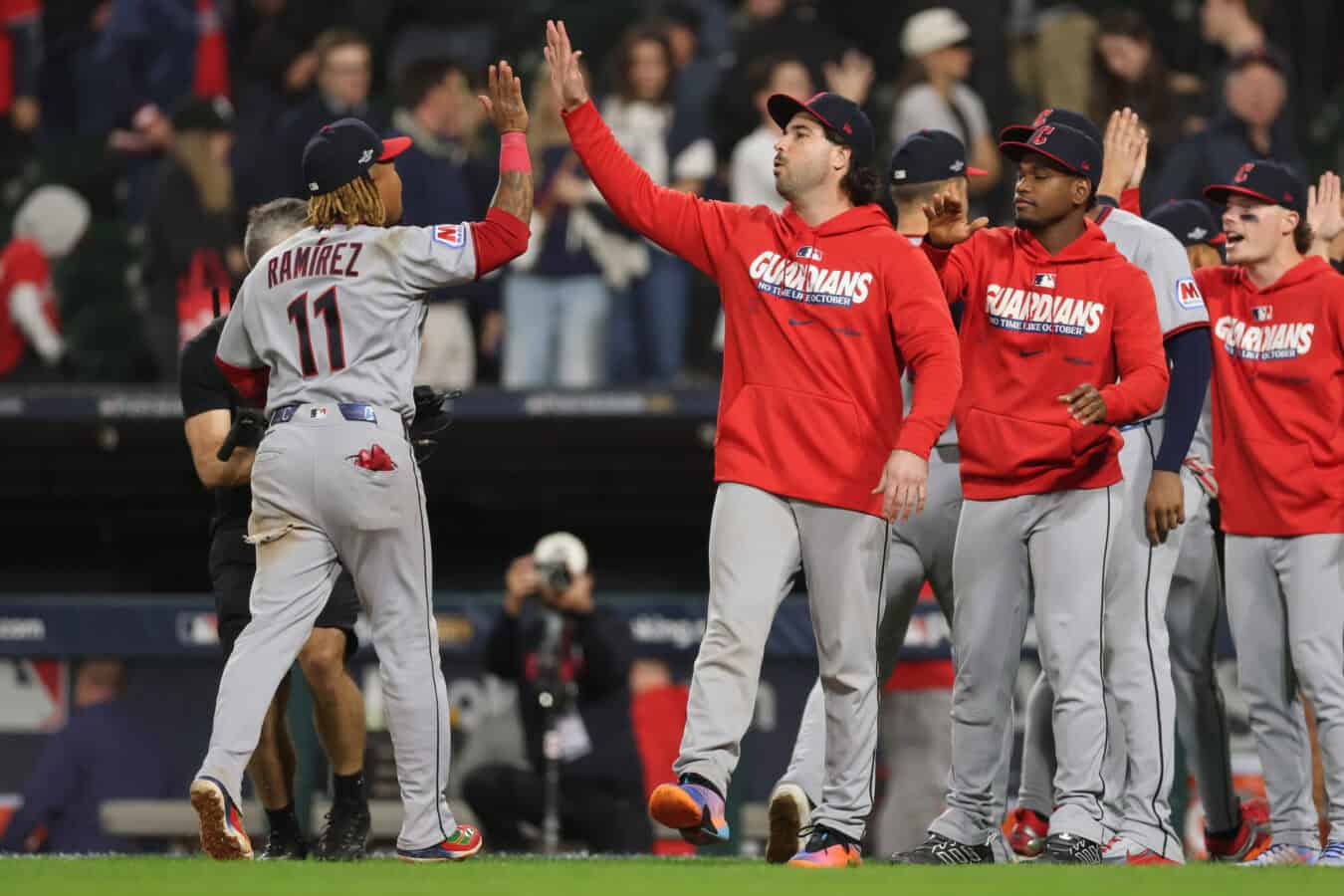 CHICAGO, ILLINOIS - OCTOBER 08: José Ramírez #11 of the Cleveland Guardians celebrates after defeating the Chicago White Sox in game four of the American League Division Series at Rate Field on October 08, 2026 in Chicago, Illinois.