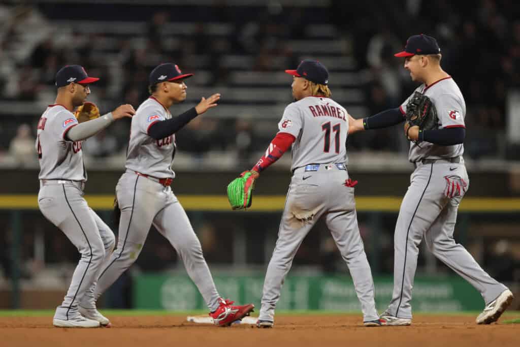 CHICAGO, ILLINOIS - OCTOBER 08: Brayan Rocchio #4, Angel Genao #17, José RamÃrez #11 and Nathaniel Lowe #46 of the Cleveland Guardians celebrate after defeating the Chicago White Sox in game four of the American League Division Series at Rate Field on October 08, 2026 in Chicago, Illinois.
