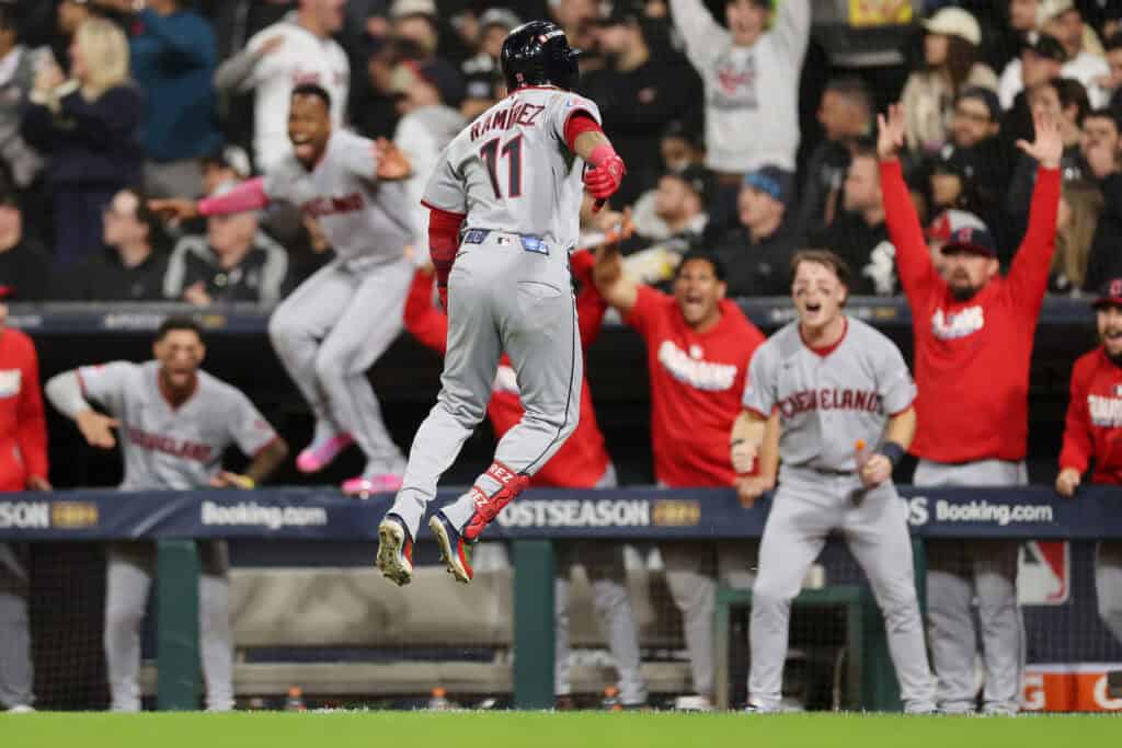 CHICAGO, ILLINOIS - OCTOBER 08: José Ramírez #11 of the Cleveland Guardians celebrates hitting a home run during the fifth inning against the Chicago White Sox in game four of the American League Division Series at Rate Field on October 08, 2026 in Chicago, Illinois.