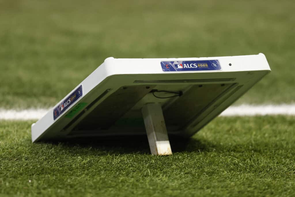 ST PETERSBURG, FLORIDA - OCTOBER 12: A detailed view of 2026 ALCS signage on first base prior to game one of the American League Championship Series between the Cleveland Guardians and the Tampa Bay Rays at Tropicana Field on October 12, 2026 in St Petersburg, Florida.