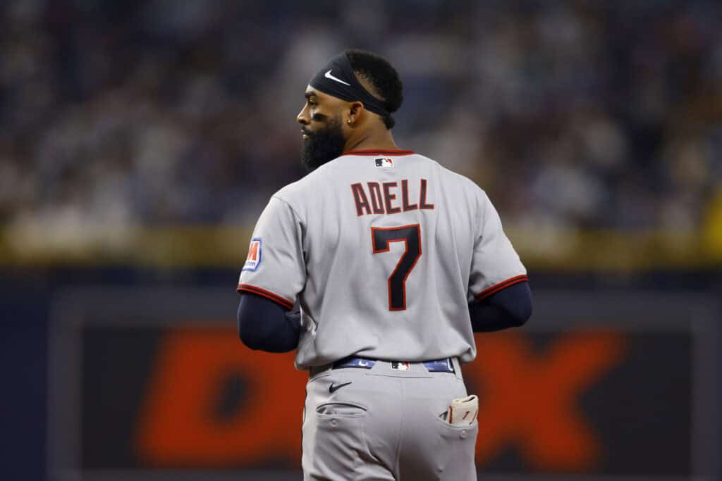 ST PETERSBURG, FLORIDA - OCTOBER 13: Jo Adell #7 of the Cleveland Guardians looks on against the Tampa Bay Rays during the first inning in game two of the American League Championship Series at Tropicana Field on October 13, 2026 in St Petersburg, Florida.
