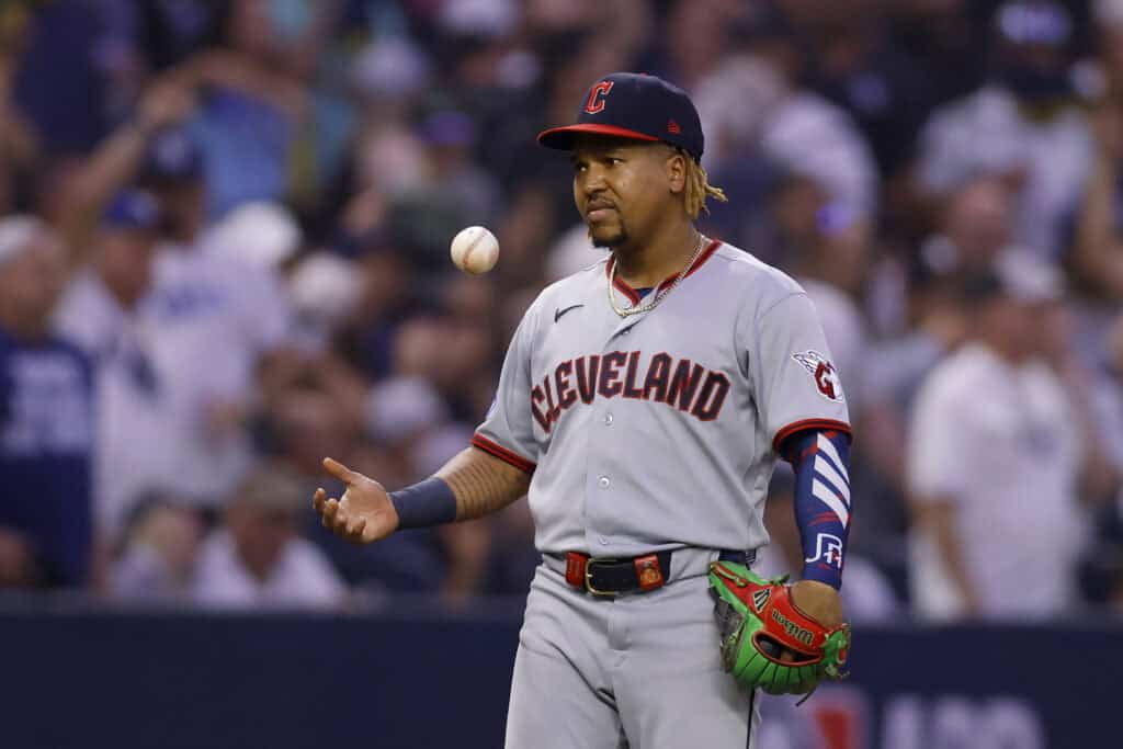 ST PETERSBURG, FLORIDA - OCTOBER 13: Jose Ramirez #11 of the Cleveland Guardians reacts after committing an error that scored Victor Mesa Jr. #25 of the Tampa Bay Rays during the fourth inning in game two of the American League Championship Series at Tropicana Field on October 13, 2026 in St Petersburg, Florida.