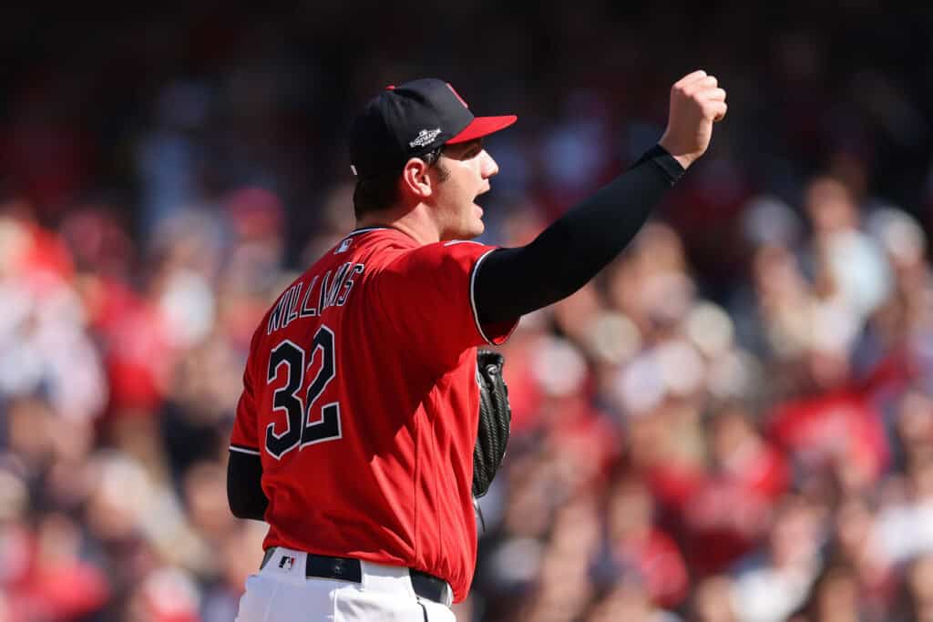 CLEVELAND, OHIO - OCTOBER 15: Gavin Williams #32 of the Cleveland Guardians celebrates after striking out Taylor Walls #6 of the Tampa Bay Rays in the third inning in game three of the American League Championship Series at Progressive Field on October 15, 2026 in Cleveland, Ohio.