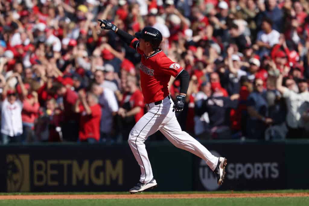 CLEVELAND, OHIO - OCTOBER 15: Petey Halpin #0 of the Cleveland Guardians rounds the bases after hitting a home run in the fifth inning against the Tampa Bay Rays in game three of the American League Championship Series at Progressive Field on October 15, 2026 in Cleveland, Ohio.