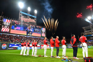 CLEVELAND, OHIO - OCTOBER 16: The Cleveland Guardians look on from the field during the National Anthem prior to game four of the American League Championship Series against the Tampa Bay Rays at Progressive Field on October 16, 2026 in Cleveland, Ohio.