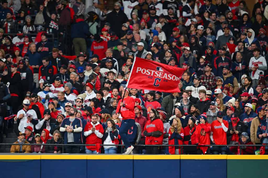 CLEVELAND, OHIO - OCTOBER 17: Fans of the Cleveland Guardians show their support from the stands during the first inning against the Tampa Bay Rays in game four of the American League Championship Series at Progressive Field on October 17, 2026 in Cleveland, Ohio.
