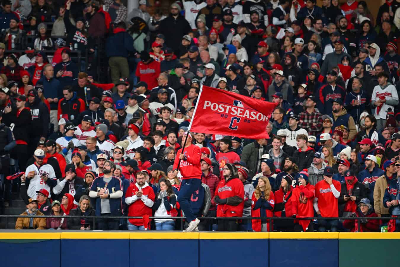 CLEVELAND, OHIO - OCTOBER 17: Fans of the Cleveland Guardians show their support from the stands during the first inning against the Tampa Bay Rays in game four of the American League Championship Series at Progressive Field on October 17, 2026 in Cleveland, Ohio.