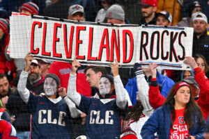 CLEVELAND, OHIO - OCTOBER 17: Fans of the Cleveland Guardians show their support by holding signs from the stands during the fifth inning against the Tampa Bay Rays in game four of the American League Championship Series at Progressive Field on October 17, 2026 in Cleveland, Ohio.