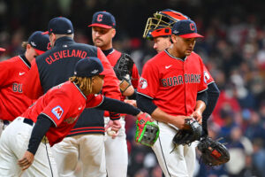 CLEVELAND, OHIO - OCTOBER 17: Daniel Espino #41 of the Cleveland Guardians exits the game during the sixth inning against the Tampa Bay Rays in game four of the American League Championship Series at Progressive Field on October 17, 2026 in Cleveland, Ohio.