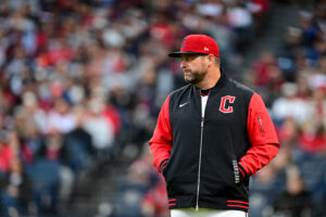 CLEVELAND, OHIO - OCTOBER 18: Stephen Vogt of the Cleveland Guardians looks on during the fourth inning against the Tampa Bay Rays in game five of the American League Championship Series at Progressive Field on October 18, 2026 in Cleveland, Ohio.