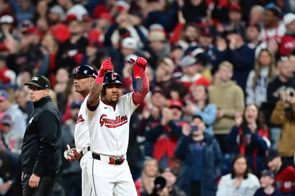 CLEVELAND, OHIO - OCTOBER 18: Jose Ramirez #11 of the Cleveland Guardians celebrates a single during the sixth inning against the Tampa Bay Rays in game five of the American League Championship Series at Progressive Field on October 18, 2026 in Cleveland, Ohio.