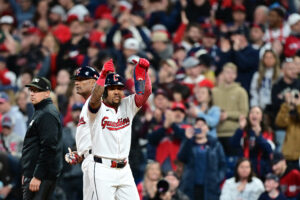 CLEVELAND, OHIO - OCTOBER 18: Jose Ramirez #11 of the Cleveland Guardians celebrates a single during the sixth inning against the Tampa Bay Rays in game five of the American League Championship Series at Progressive Field on October 18, 2026 in Cleveland, Ohio.
