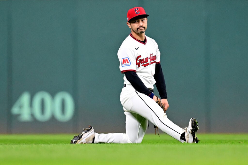 CLEVELAND, OHIO - OCTOBER 18: Steven Kwan #38 of the Cleveland Guardians reacts during the eighth inning against the Tampa Bay Rays in game five of the American League Championship Series at Progressive Field on October 18, 2026 in Cleveland, Ohio.