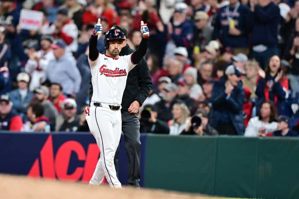 CLEVELAND, OHIO - OCTOBER 18: Steven Kwan #38 of the Cleveland Guardians celebrates a single during the sixth inning against the Tampa Bay Rays in game five of the American League Championship Series at Progressive Field on October 18, 2026 in Cleveland, Ohio.