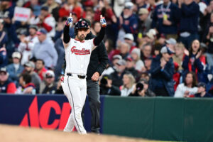 CLEVELAND, OHIO - OCTOBER 18: Steven Kwan #38 of the Cleveland Guardians celebrates a single during the sixth inning against the Tampa Bay Rays in game five of the American League Championship Series at Progressive Field on October 18, 2026 in Cleveland, Ohio.