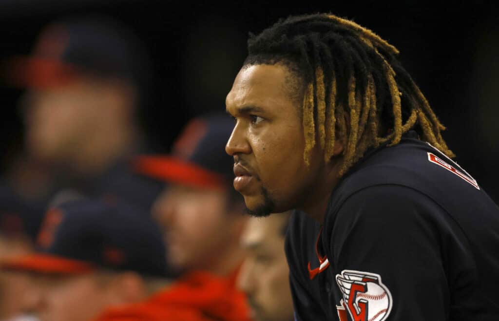 ST PETERSBURG, FLORIDA - OCTOBER 19: José Ramírez #11 of the Cleveland Guardians looks on during the second inning against the Tampa Bay Rays in game six of the American League Championship Series at Tropicana Field on October 19, 2026 in St Petersburg, Florida.