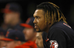 ST PETERSBURG, FLORIDA - OCTOBER 19: José Ramírez #11 of the Cleveland Guardians looks on during the second inning against the Tampa Bay Rays in game six of the American League Championship Series at Tropicana Field on October 19, 2026 in St Petersburg, Florida.
