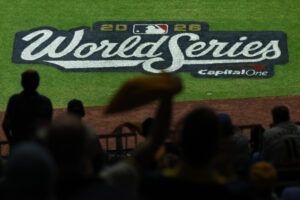 MILWAUKEE, WISCONSIN - OCTOBER 23: A detailed view of the World Series logo between the Milwaukee Brewers and the Tampa Bay Rays in game one of the 2026 World Series at American Family Field on October 23, 2026 in Milwaukee, Wisconsin.