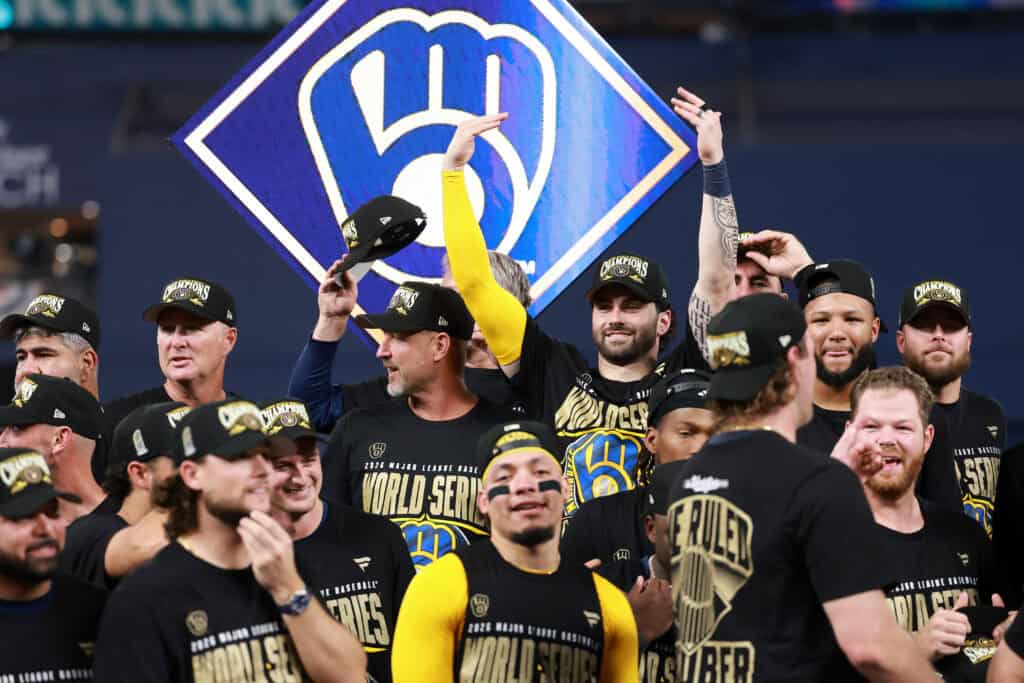 ST PETERSBURG, FLORIDA - OCTOBER 28: Garrett Mitchell #5 of the Milwaukee Brewers celebrates during the Awards Ceremony after defeating the Tampa Bay Rays in the 2026 World Series at Tropicana Field on October 28, 2026 in St Petersburg, Florida.