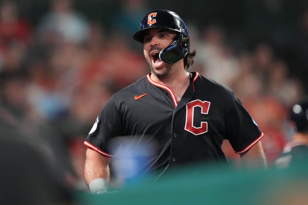 ANAHEIM, CALIFORNIA - AUGUST 24: Austin Hedges #27 of the Cleveland Guardians celebrates his 2-run home run against the Los Angeles Angels during the sixth inning of a game at Angel Stadium of Anaheim on August 24, 2026 in Anaheim, California.