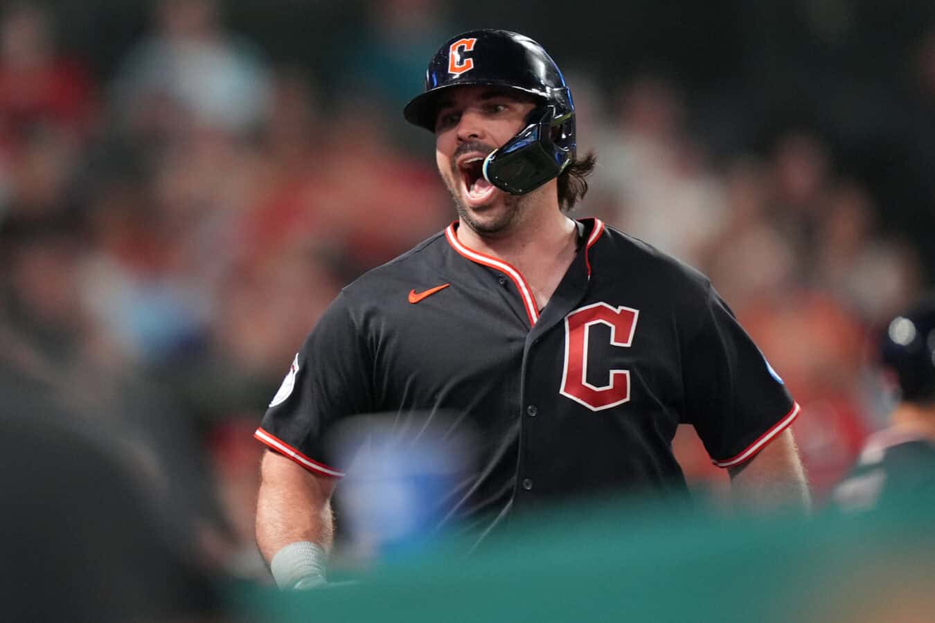 ANAHEIM, CALIFORNIA - AUGUST 24: Austin Hedges #27 of the Cleveland Guardians celebrates his 2-run home run against the Los Angeles Angels during the sixth inning of a game at Angel Stadium of Anaheim on August 24, 2026 in Anaheim, California.